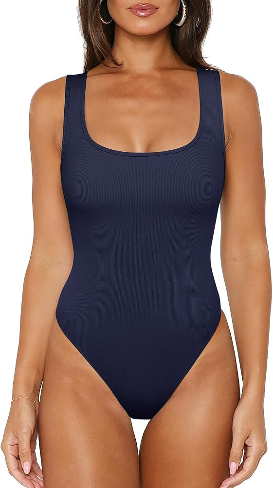 REORIA Tank Top Bodysuits for Women Ribbed Scoop Neck Sleeveless Slimming Basic Body Suit Tops Go... | Amazon (US)