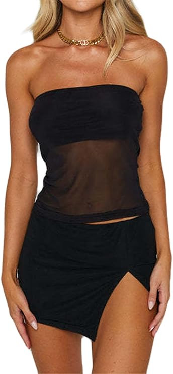 Remidoo Women's Sheer Mesh Tube Crop Top Strapless Bandeau Sleeveless Tanks Tops | Amazon (US)