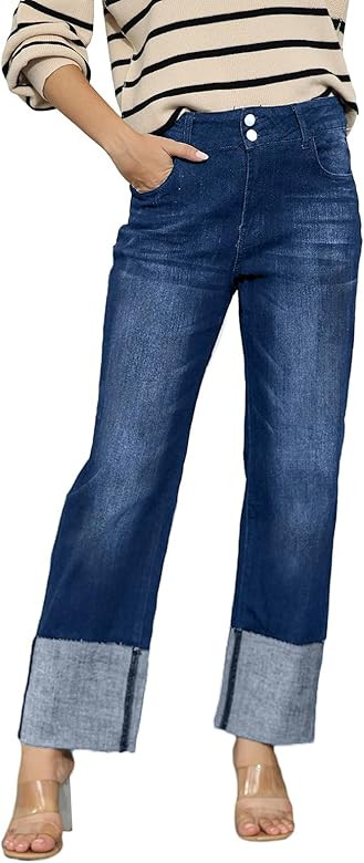 BWQ Jeans for Women High Waist Stretchy Straight Leg Mom Jeans Long Boyfriend Denim Jeans | Amazon (US)