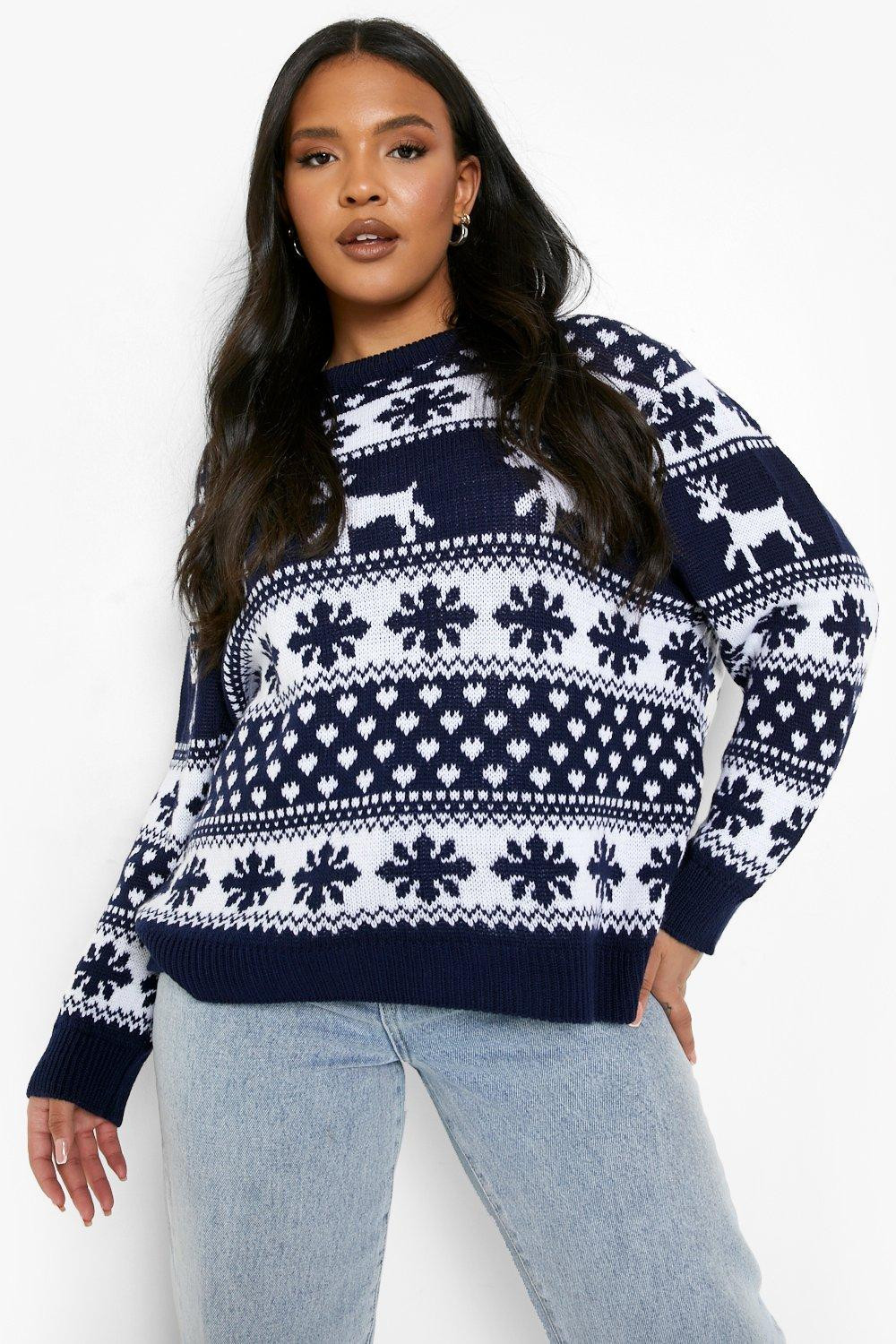 Womens Plus Reindeer And Snowflake Christmas Sweater - Navy - 12 | Boohoo.com (US & CA)