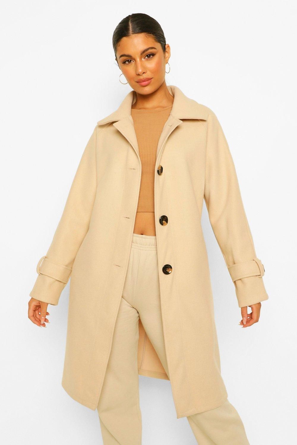 Womens Button Through Wool Look Pea Coat - Beige - 6 | Boohoo.com (US & CA)