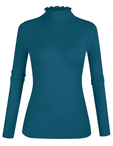 Women's Lettuce Trim Mock Turtleneck Top Long Sleeve Slim Fit Ribbed Knit Tee Shirt (Blue-22, 2XL) | Amazon (US)
