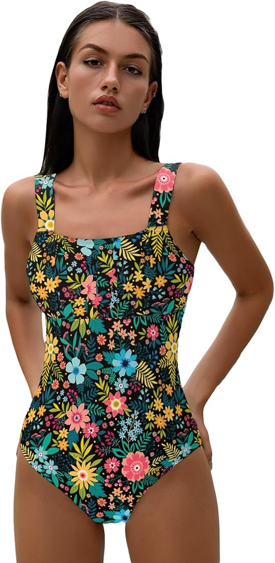 Women's Floral Print Onepiece Swimsuit Ruched Bust Square Neck Sleeveless Bathing Suit Swimwear | Amazon (US)