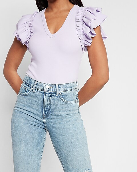 V-Neck Ruffle Sleeve Thong Bodysuit | Express