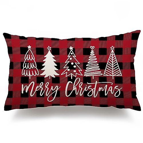 DFXSZ Christmas Pillow Covers 12x20 Inch Christmas Tree Merry Christmas Decorative Red Black Plaid Throw Pillows Winter Christmas Decor for Home Couch | Amazon (US)