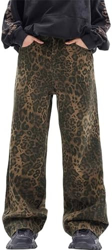 Men Y2K Leopard Print Jeans - Baggy Vintage Printed Pants with Straight Legs - Streetwear | Amazon (US)