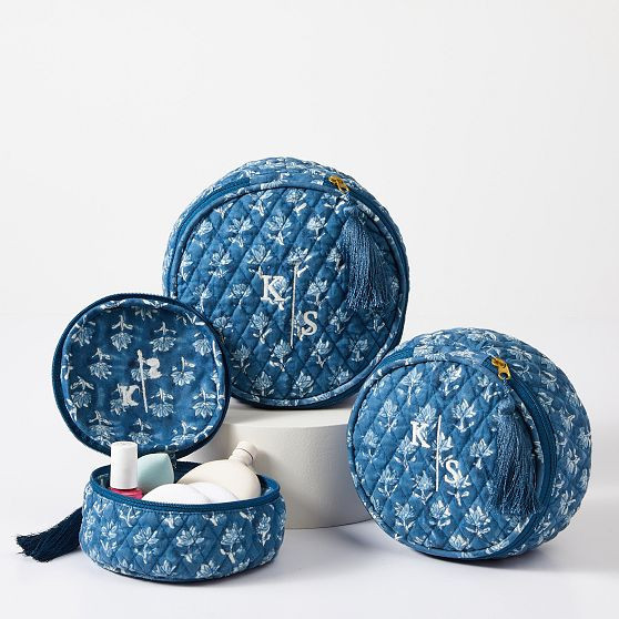 Block Print Quilted Nested Pouches, Set of 3, Blue Flower | Mark and Graham