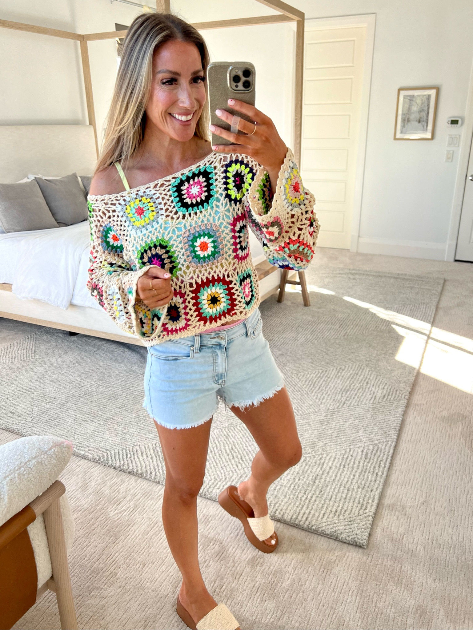 SARAHLIT to save! Crochet top, bell sleeves. Stretchy shorts, if unsure size down.

#LTKSeasonal #LTKswim #LTKshoecrush