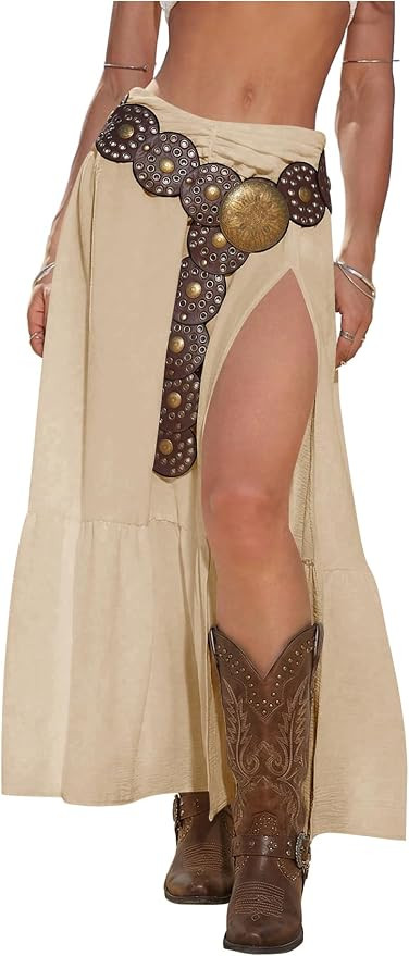 SHENHE Women's Boho Western Low Rise Loose Maxi Skirt Ruffle High Slit Country Cowgirl Skirts | Amazon (US)