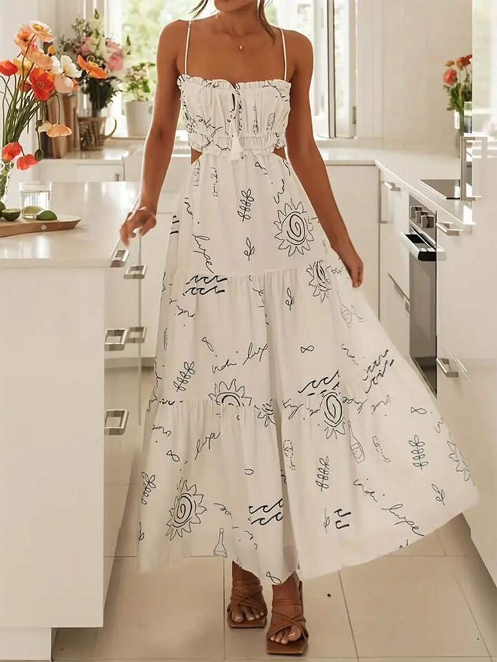 Calvaya Women's Sunflower Print Cami Dress With Cutout Back And Tie Back Straps Maxi Women Outfit | SHEIN