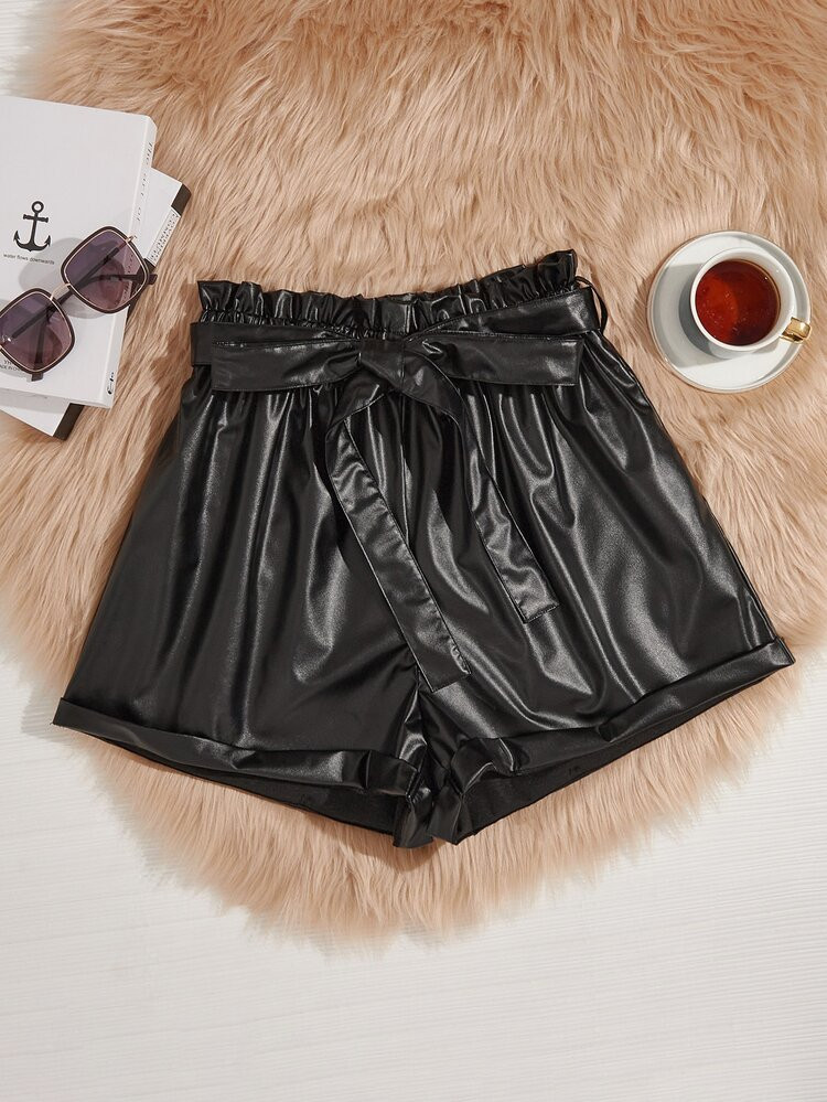 SHEIN Unity Plus Paper Bag Waist Belted PU Leather Shorts | SHEIN