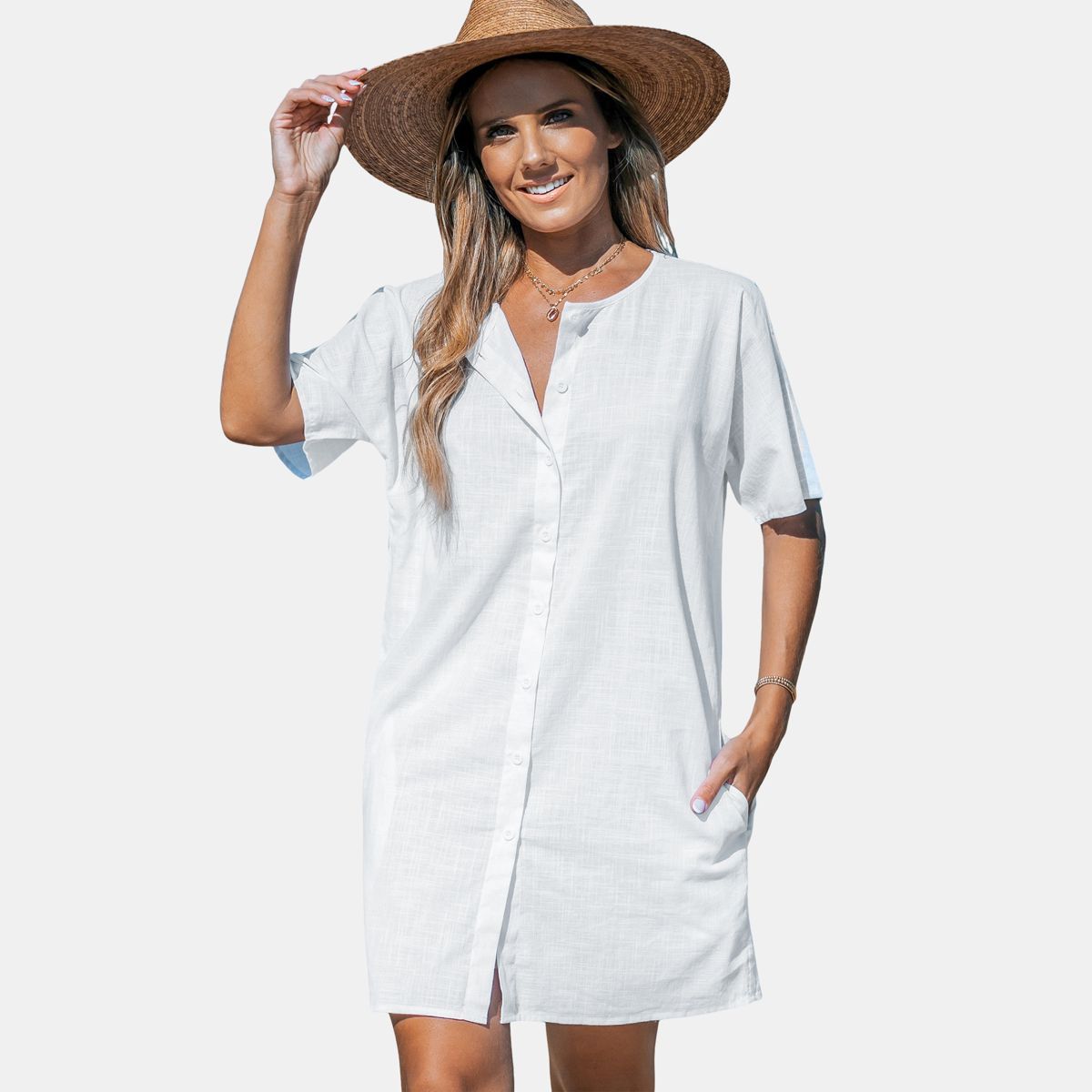 Women's Button-Up Short Sleeve Cover-Up Dress - Cupshe | Target