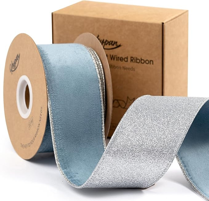 Dusty Blue Velvet Christmas Ribbon Wired 2-1/2 Inch Wide Ribbon with Sliver Metallic Glitter for ... | Amazon (US)