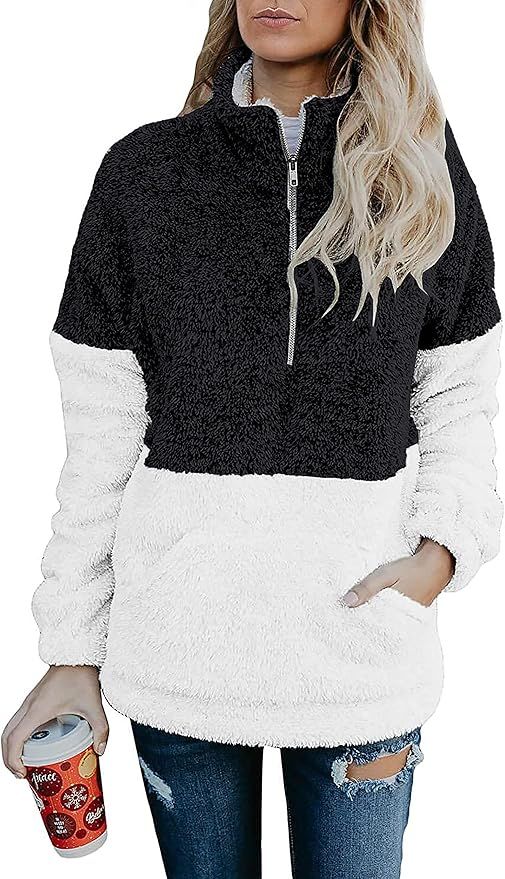 BTFBM Women Sherpa Pullover Quarter Zip Long Sleeve Fluffy Soft Fleece Jackets Sweaters Sweatshir... | Amazon (US)