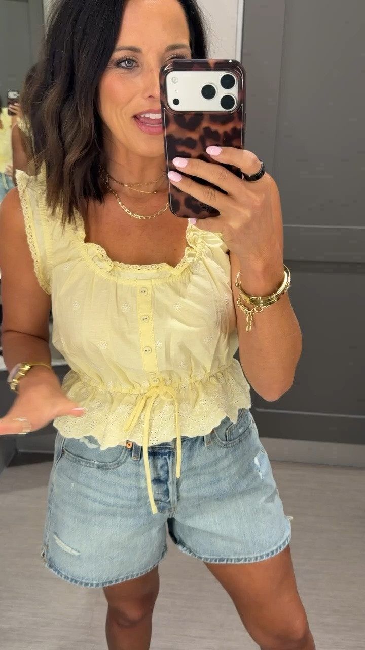 this target top is 40% off and SO cute for summer 💛 paired it with denim shorts for an easy everyday outfit. the little details on this one are too good ✨ #targetstyle #targetfinds #targetsale #summeroutfit #denimshorts #affordablefashion #everydaystyle #targetfashion