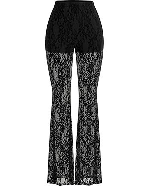 GORGLITTER Women's Floral Lace Mesh Skinny Bell Pants Bottom Flare Leg Elastic High Waist Sheer T... | Amazon (US)