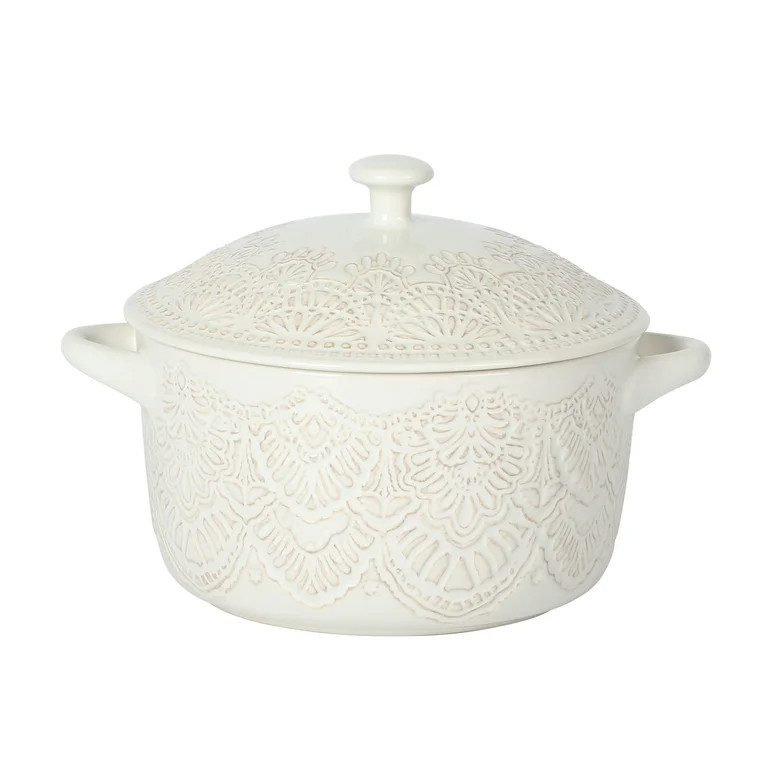 The Pioneer Woman Vintage Lace Round Ceramic Casserole Baking Dish with Lid, Linen - Walmart.com | Walmart (US)
