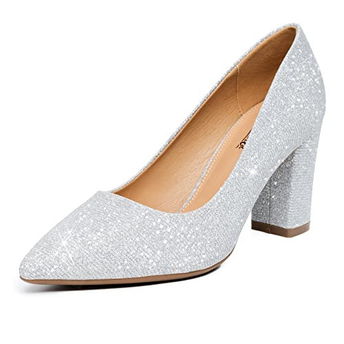 Heel The World Women's IN3 Suede Chunky-HI Block High Heels Closed Pointed Toe Pumps Dress Office Shoes Work Heels Comfortable Heels for Women Silver | Amazon (US)