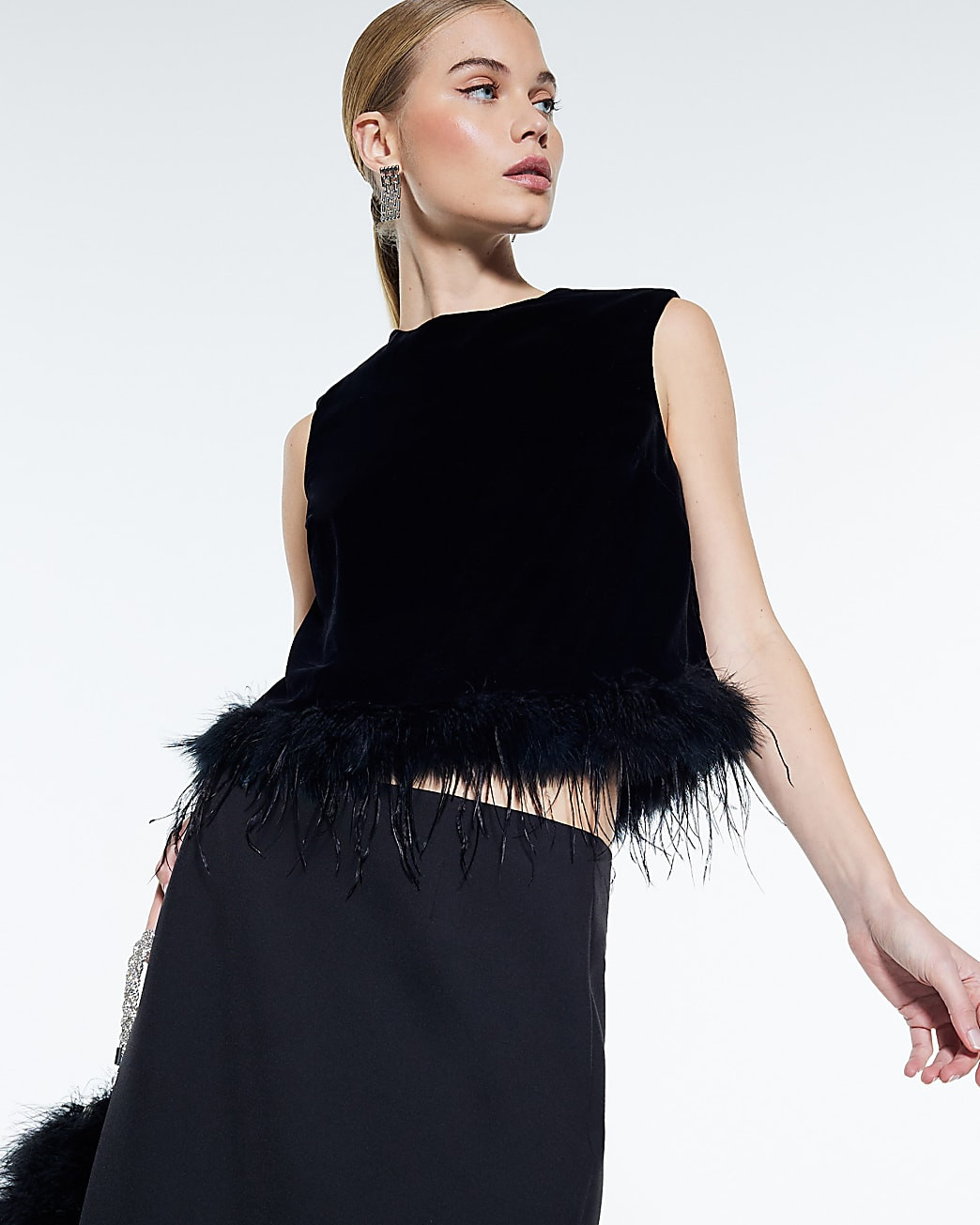 Black Velvet Sleeveless Feather Trim Top | River Island UK & IE