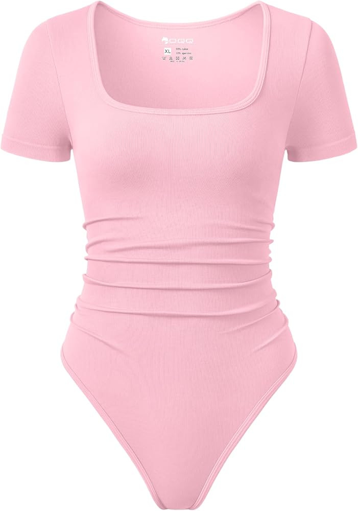OQQ Women Bodysuits Ruched Short Sleeve Square Neck Stretch Lounge Travel Bodysuits | Amazon (US)