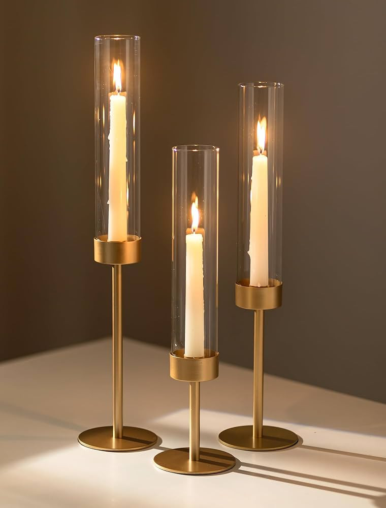 Romadedi Glass Hurricane Candle Holders for Candlestick, Gold, Set of 3 | Amazon (US)