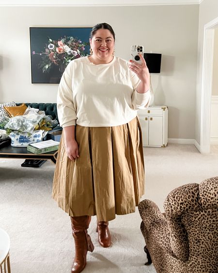 Neutral girl fall? As much as I love bold colors and prints, I’m here for some plus size neutral outfits. Wide calf boots, a khaki pleated skirt, and butter-soft sweatshirt 

#LTKover40 #LTKplussize #LTKunder50