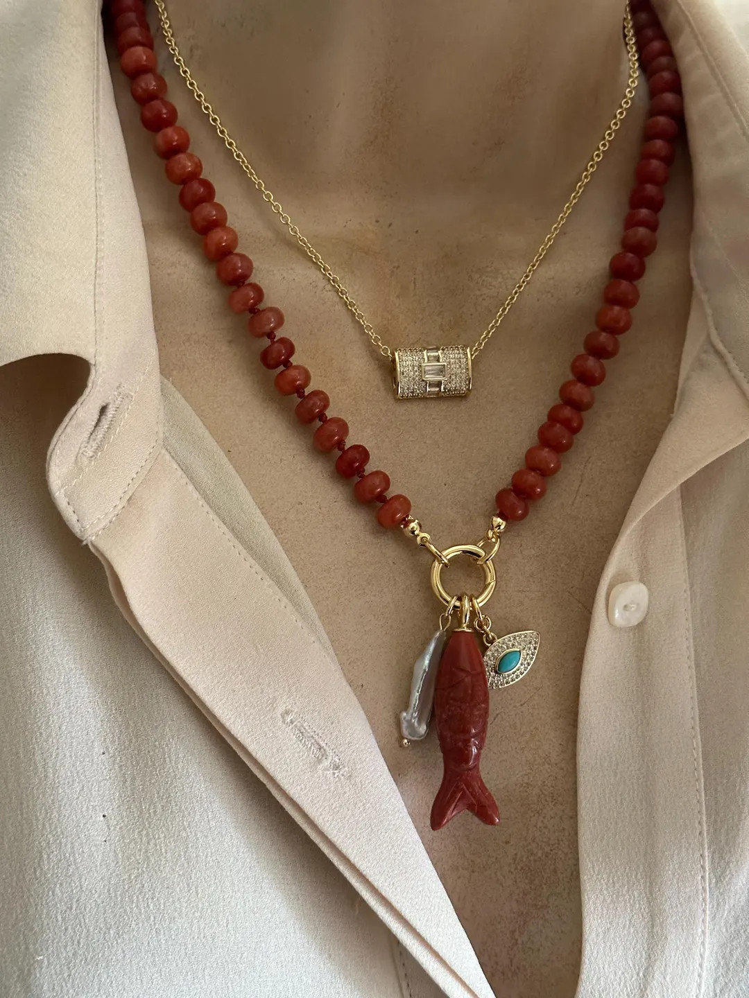Carnelian Fish mix charms necklace | Etsy (US)