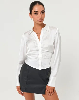 Recycled Satin Ruched Front Long Sleeve Blouse | Glassons (AU & NZ)