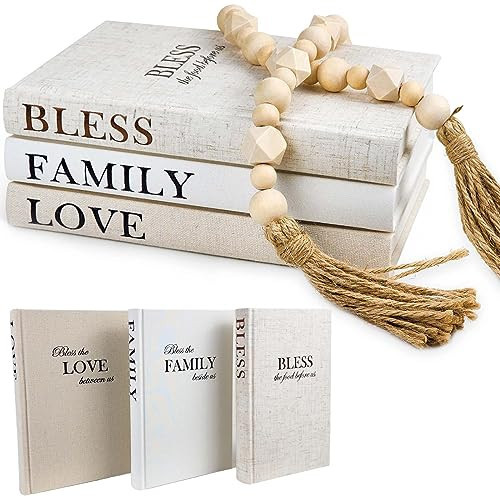 Linen Covered Decor Books 3 Pieces, Decorative Books for Home Decor, Coffee Table Books Decor, Stacked Book Decor - Shelf, Entryway, Console Table, Fireplace Mantel Decor (Bless/Family/Love) | Amazon (US)