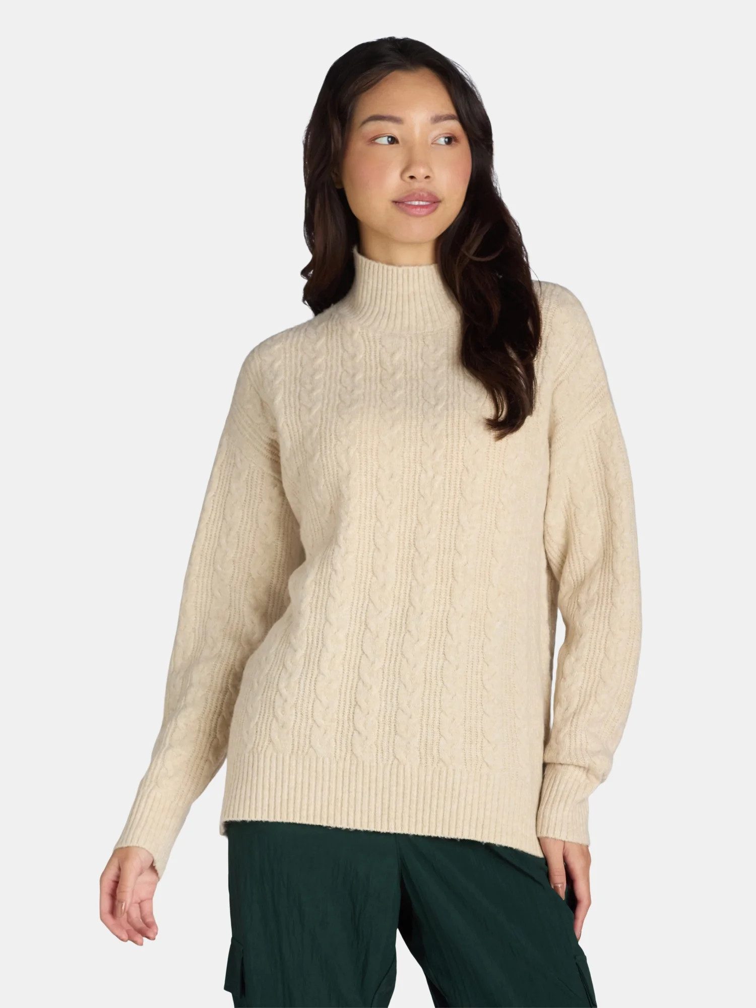 Time and Tru Women's and Women’s Plus Cable Knit Mock Neck Sweater, Sizes XS-3X | Walmart (US)