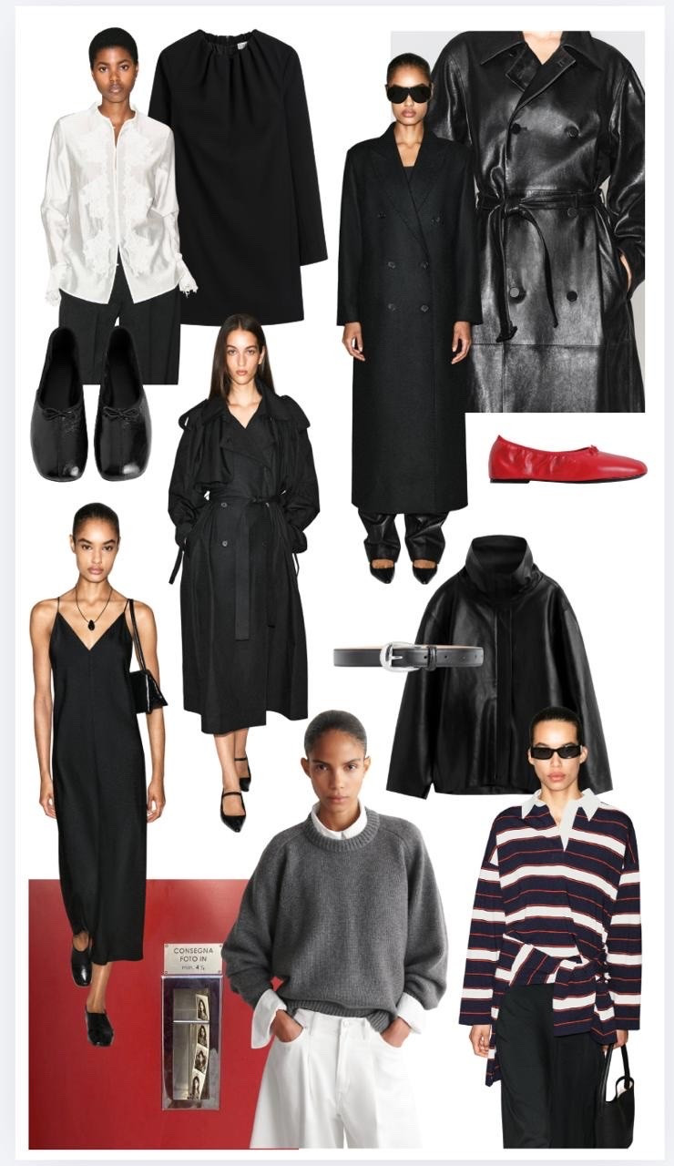 white embroidered blouse, black shift dress, black tailored trousers, black wool overcoat, black leather trench coat, black bow ballet flats, red leather ballet flats, black slip dress, black wrap trench coat, black cape jacket, leather rain cape, grey crewneck sweater, striped rugby shirt, black belt with silver buckle, black cat eye sunglasses, black slouchy shoulder bag, tonal black outfit, autumn edit, transitional dressing, quiet luxury, elevated basics, effortless chic, ltkstyletip, ltkseasonal, ltknewin, ltkfindsunder100, outfit inspo, capsule wardrobe essentials

#LTKeurope #LTKworkwear #LTKdatenight