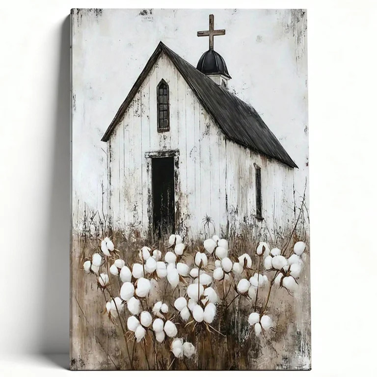 Rustic Country Church and Cotton Field Canvas Wall Art, Vintage Farmhouse Chapel Painting Print, ... | Walmart (US)