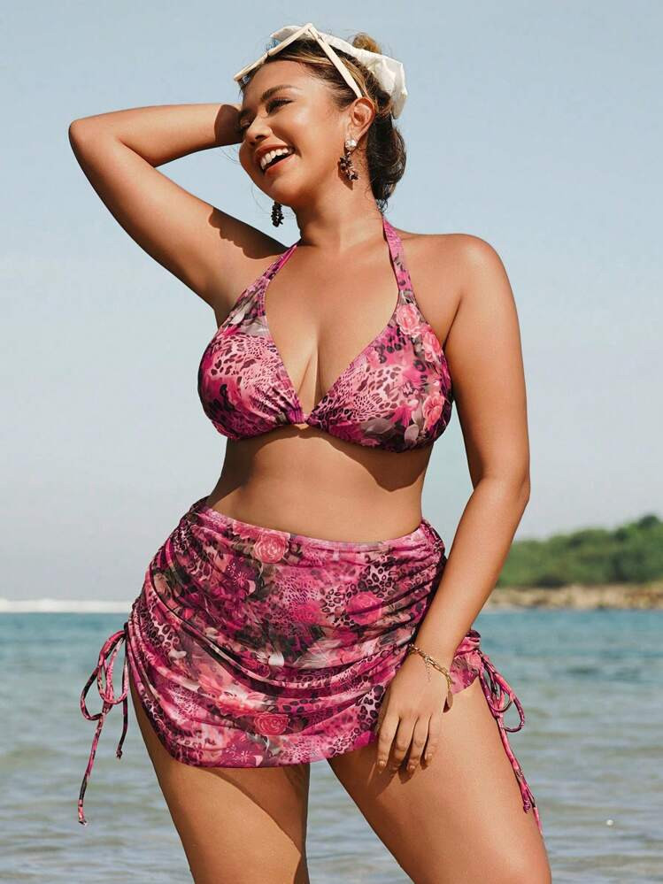 Swim SXY Plus Size Women 2pcs Flower & Leopard Print Camisole Bikini Set With Matching Flower & L... | SHEIN