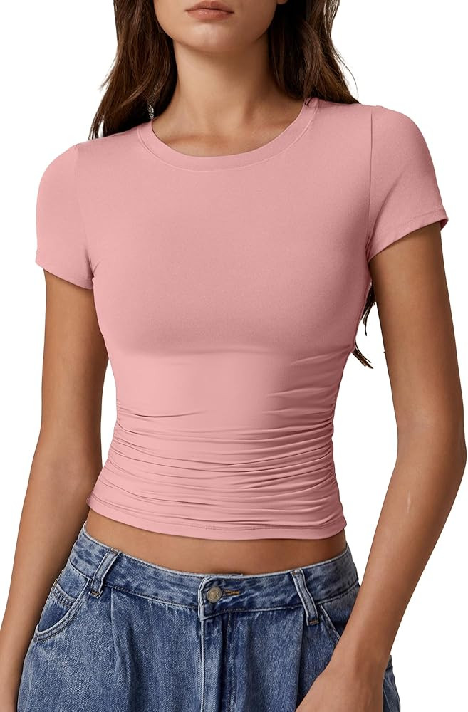 QINSEN Short Sleeve Shirts for Women Round Neck Basic Double Lined Tees Fitted Y2k Crop Tops | Amazon (US)
