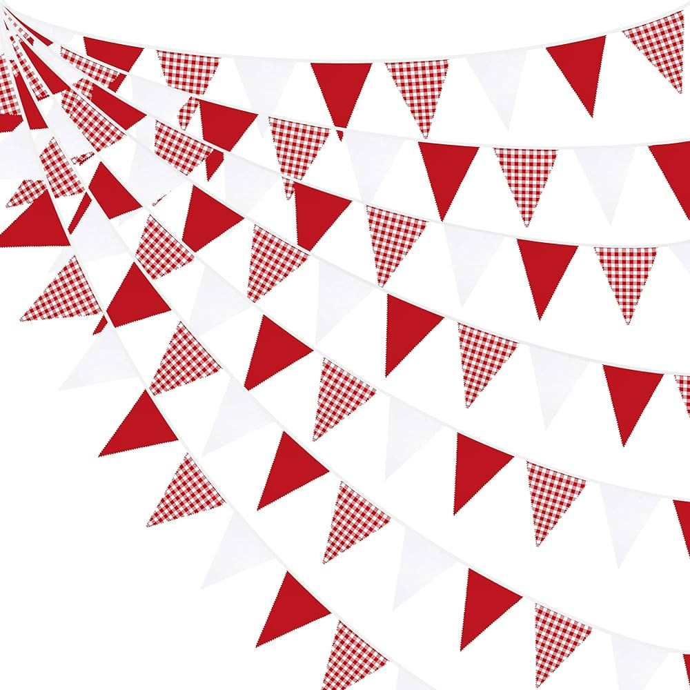 32Ft Red Party Decorations Red Plaid Checkered White Triangle Flag Gingham Pennant Bunting Fabric... | Amazon (US)