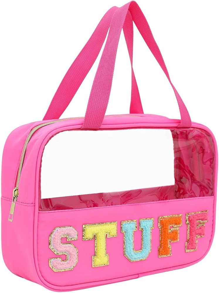 Preppy Stuff Bags for Travel, Clear Zipper Pouch with Chenille Letter, Nylon & PVC Waterproof Lar... | Amazon (US)