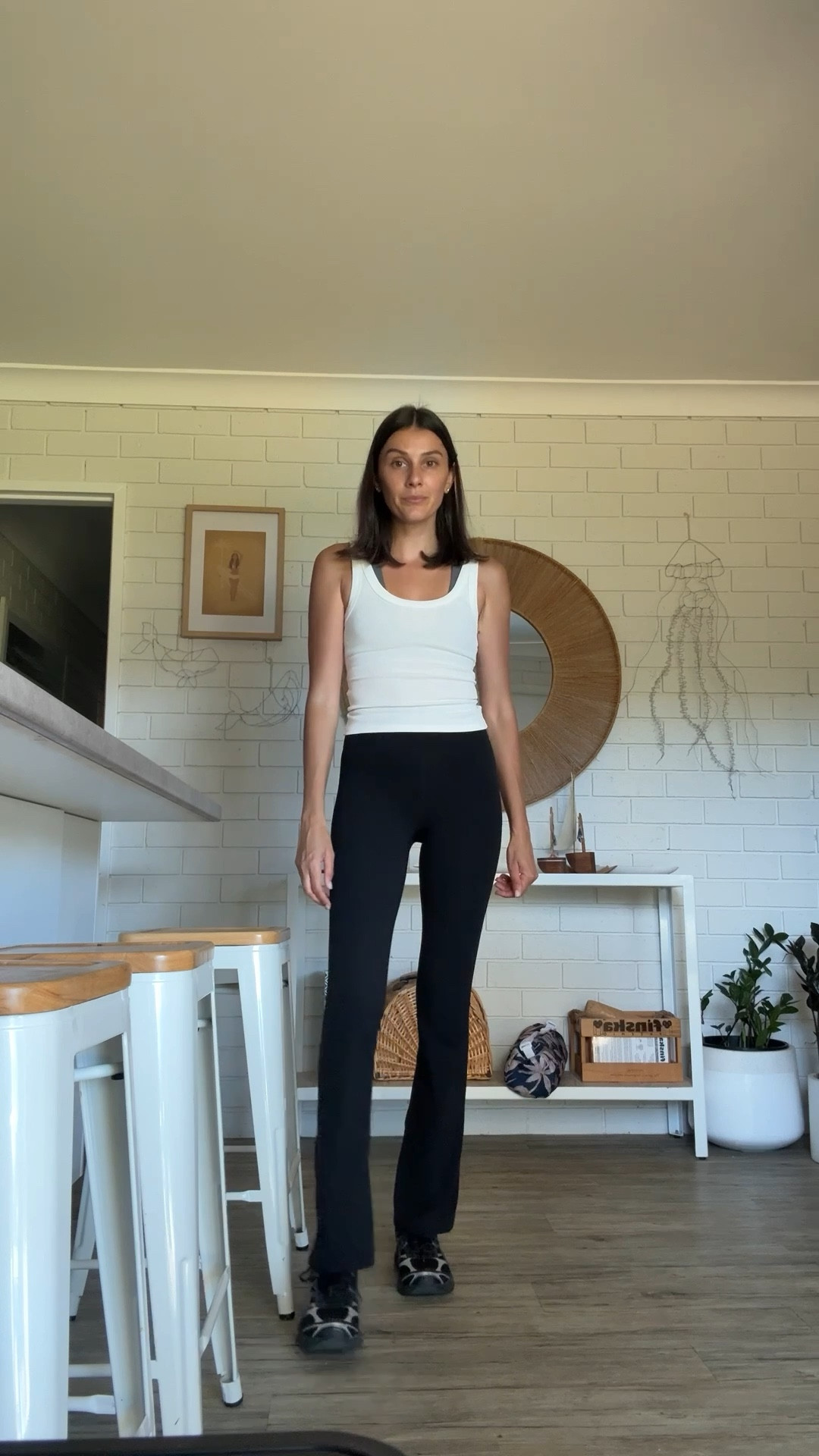 The flare pants and Dissh tank I can’t stop wearing! This tank is absolutely perfect for people like me with a short torso but long legs. It always looks so good with a high-waisted legging or pant. I wear size XS. Leggings are the in-motion flare from Nimble. They are really supportive and flattering. I have been reaching for them a LOT!!! Sneakers are asics- LOVE these also. Wear them so much and have them in three different colours. Sunglasses are my all-time favourites from Miu Miu. 
