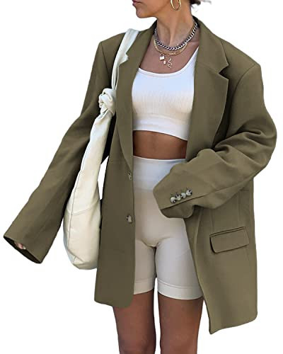 Grlasen Women Casual Elegant Long Sleeve Oversized Lapel Blazers Open Front Solid Work Office Jacket Blazer Green | Amazon (US)