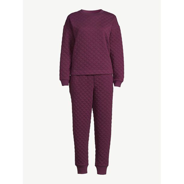 Joyspun Women's Quilted Long Sleeve Sleep Top and Jogger PJ Set, 2-Piece, Sizes up to 3X - Walmar... | Walmart (US)