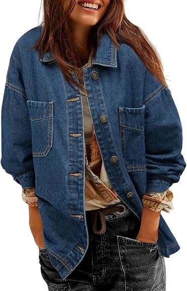Sidefeel Women's Jean Jacket Oversized Boyfriend Button Up Long Sleeve Split Zimbaplatinum Denim ... | Amazon (US)