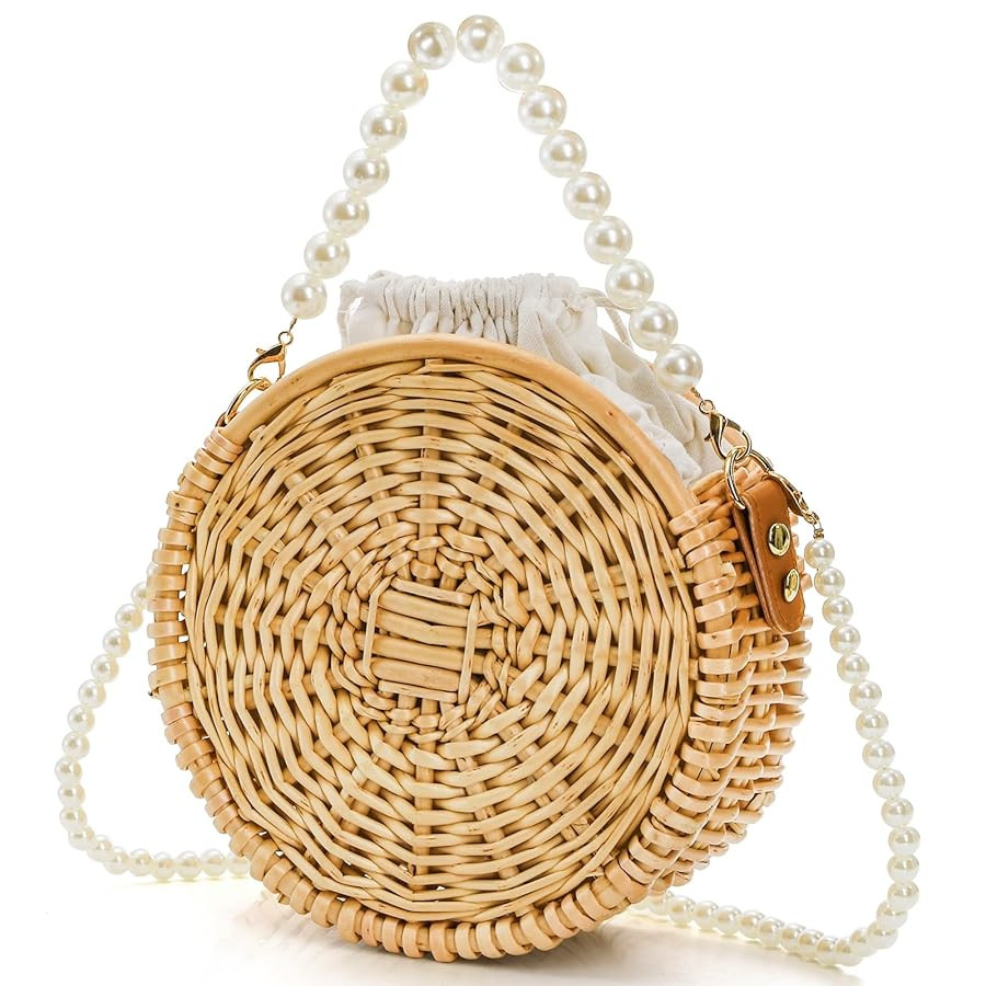 Round Rattan Bag, 8" Hand-woven Wicker Basket Purse, Boho Crossbody Handbag With Pearl Strap Hand... | Amazon (US)