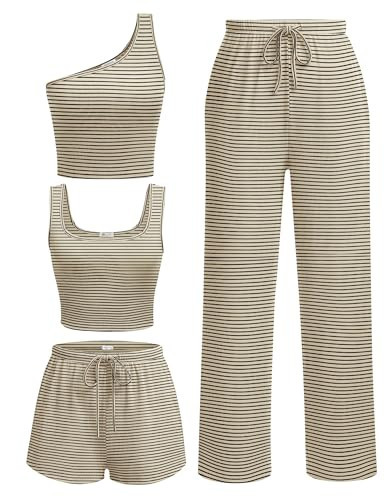 Ekouaer Womens 4 Piece Lounge Sets Ribbed Knit Crop Tank Top and Shorts Pants Casual Outfits | Amazon (US)