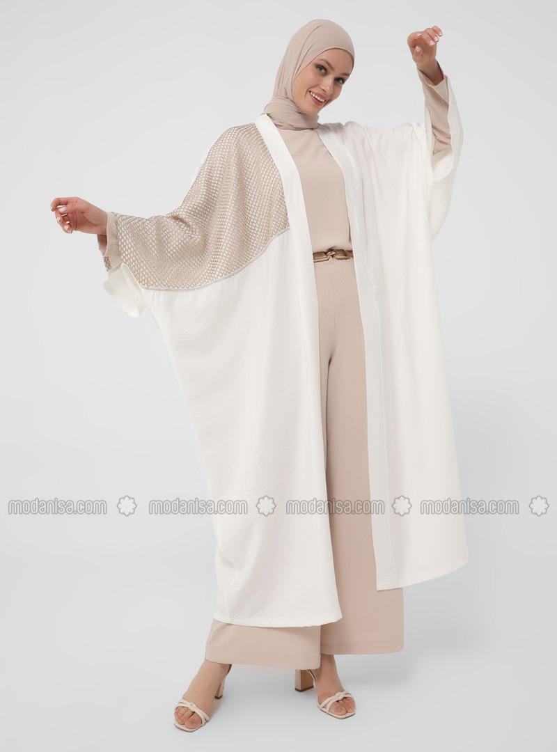 Mesh Detailed Abaya - White -  Woman | Modanisa (US)