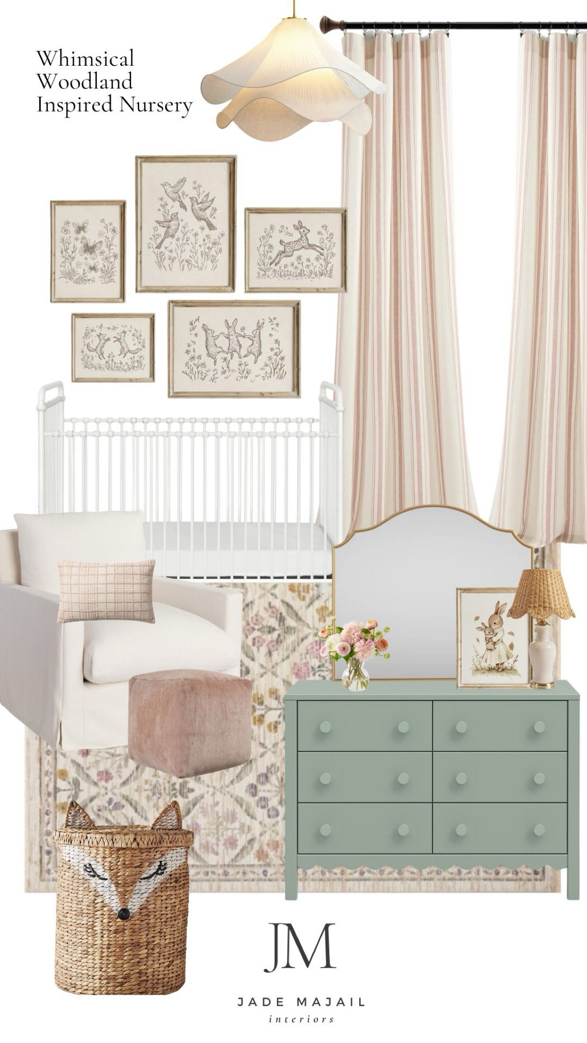 This may be one of my favorite girl nursery's so far... I am loving the woodland nursery look 😍

I couldn't link the scalloped table lamp, but it is from Kirklands. Cream Ceramic Table Lamp With Woven Shade

Pink curtains, white metal crib, green scalloped dresser, pink ottoman, nursery glider, floral rug, nursery prints, nursery artwork, gold mirror

#LTKBaby #LTKHome #LTKFamily