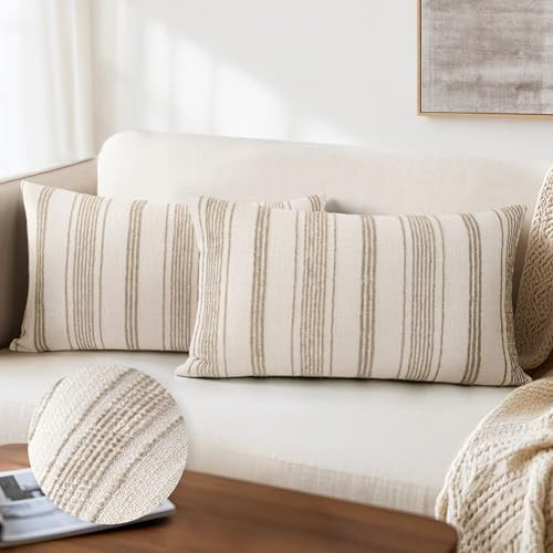 12x20 Decorative Farmhouse Linen Lumbar Pillow Covers, Beige with Brown Chenille Striped Pillow C... | Amazon (US)