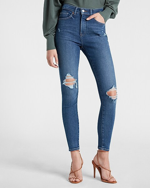 High Waisted Medium Wash Ripped Skinny Jeans | Express