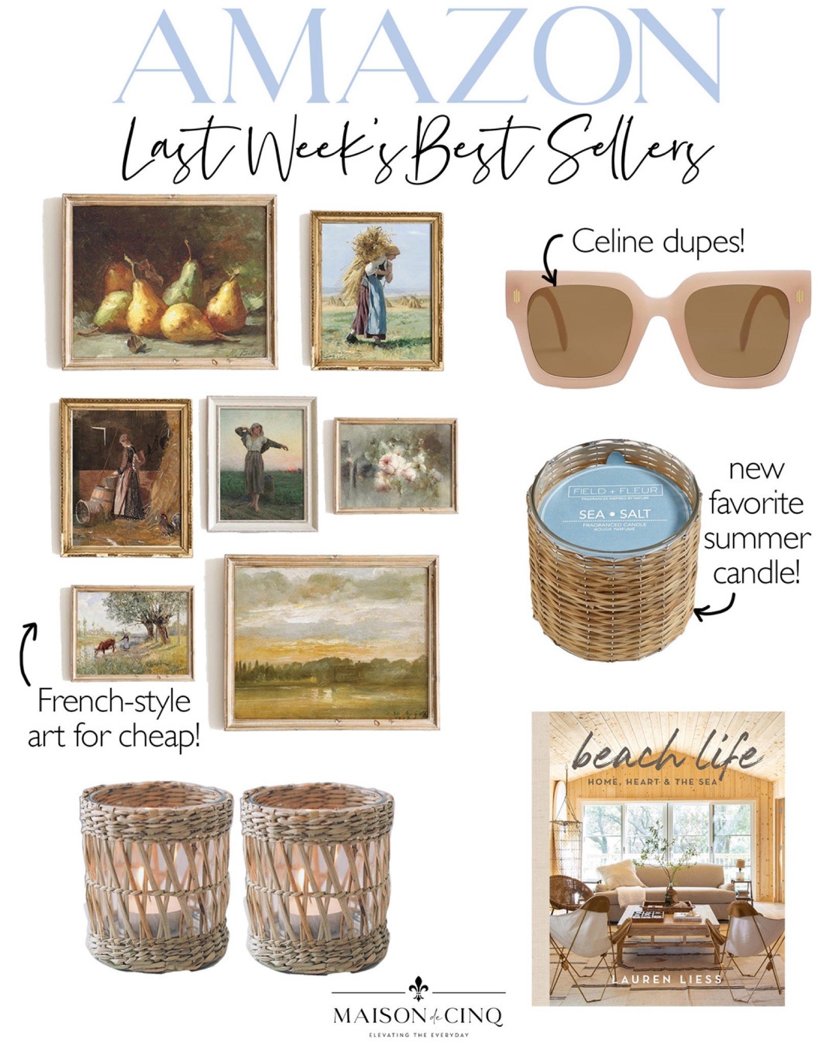 Our top sellers from Amazon last week include the prettiest French art for a steal, my fave new candle, cute Celine dupe sunglasses and more!

Amazon finds, Summer decor, home decor, coffee table book, design book, votives, artwork, wall decor 

#LTKHome #LTKFindsUnder50 #LTKSeasonal
