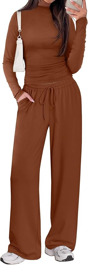 Sampeel Two Piece Lounge Set for Women 2 Piece Fall Outfits 2025 Mock Neck Ruched Tops Wide Leg P... | Amazon (US)