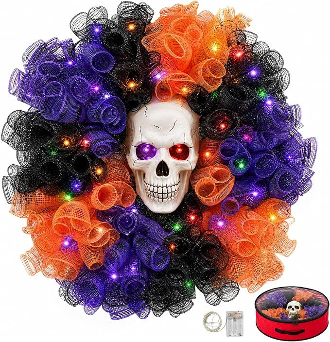 24 in Halloween Wreath with Skull and Color-Changing Lights | Amazon (US)
