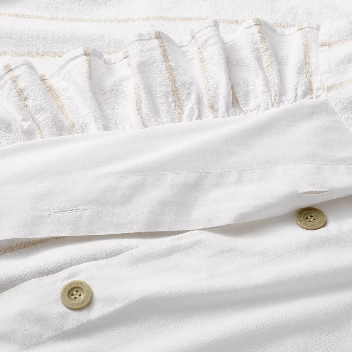 Yarn Dye Stripe with Ruffle Duvet Cover & Sham Set White/Khaki - Threshold™ with Studio McGee | Target